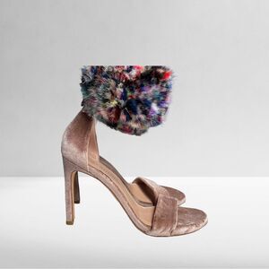Stuart Weitzman SnowBiz Pink Velvet Stiletto Sandals with Rainbow Fur Cuff